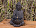 Fantana decorativa solara cu iluminare LED Buddha, Lumineo, pentru exterior, 28 x 29.5 x 45 cm, IP68, antracit/alb