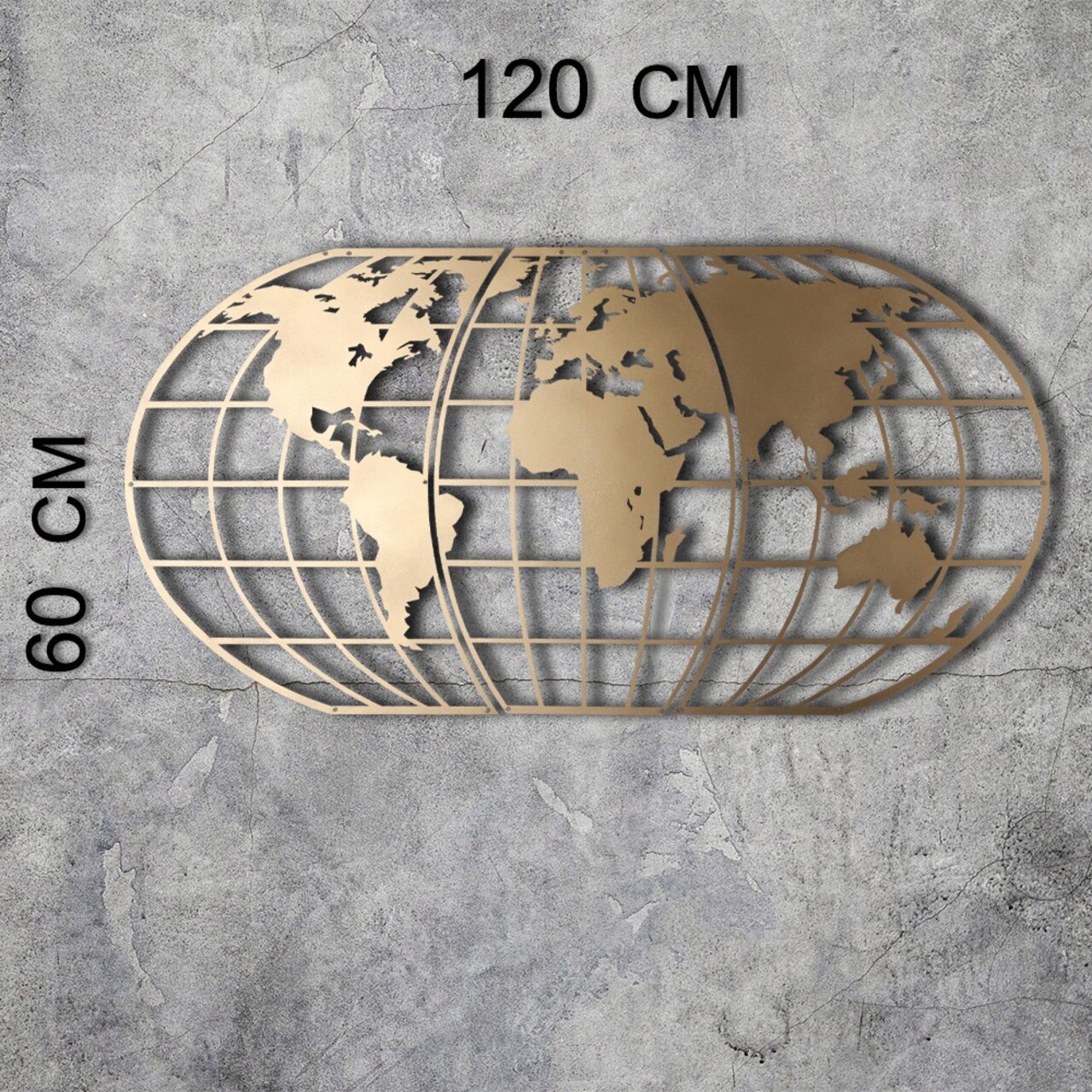 Decoratiune De Perete, World Map Globe Led, Metal, Dimensiune: 60 X 120 Cm, Auriu