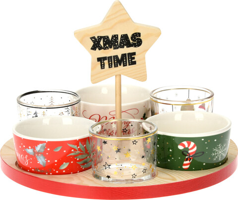 Xmas Star Szett harapnivalónak, 6 darabos, porcelán/fa, színes