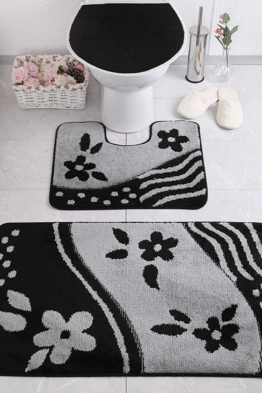 Bandırma 3 darabos fürdőszobai szőnyeg, confetti, 47x50 cm/50x60 cm/60x100 cm, fekete