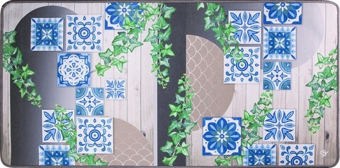 Covor pentru bucatarie, Olivo Tappeti, Miami 3, Blue Flowers, 50 x 100 cm, poliester, multicolor