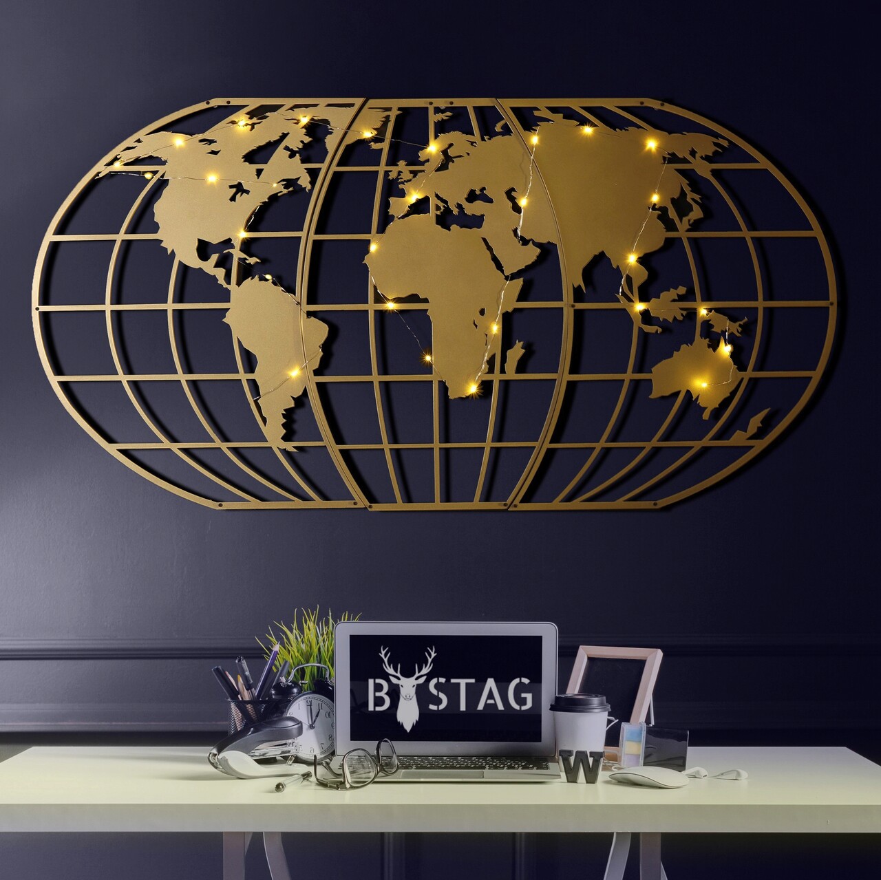 Decoratiune De Perete, World Map Globe Led, Metal, Dimensiune: 60 X 120 Cm, Auriu