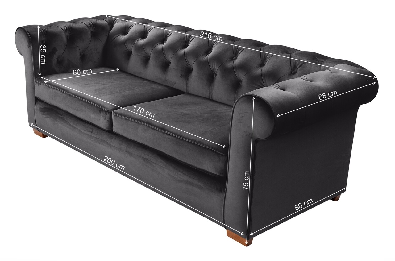 Oxford Chesterfield Kihúzható Kanapé, 88x216x75 Cm, 3 Személyes, Grafit Szürke