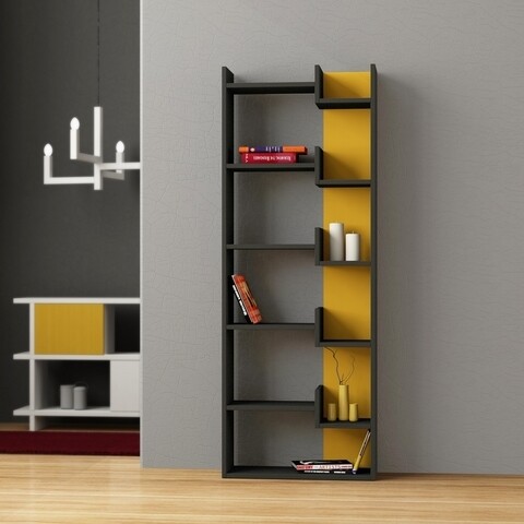 Biblioteca Oppa, Decortie, 60.5x22x163 cm, gri/galben mustar