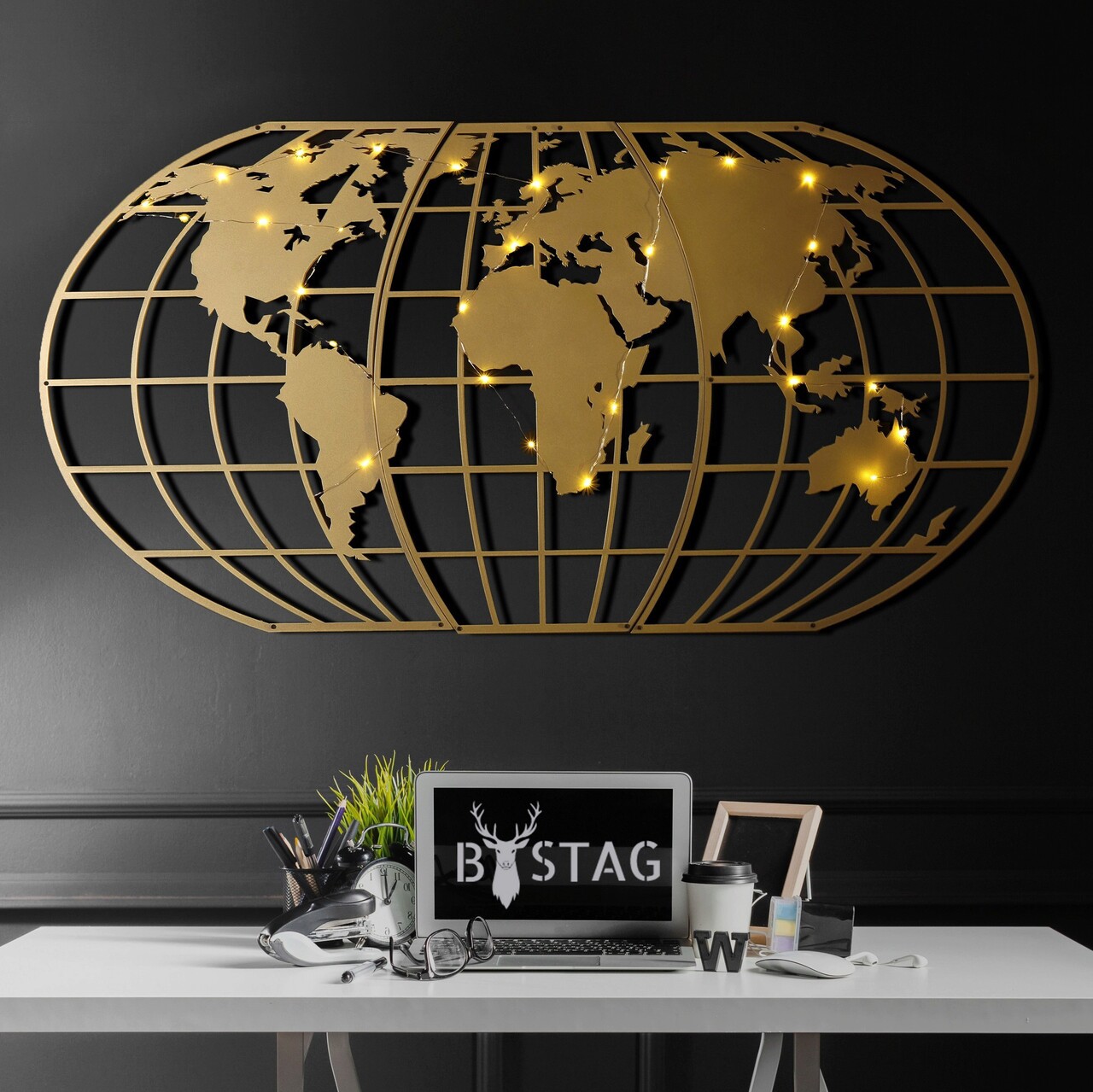 Tanelorn decoratiune de perete, world map globe led, metal, dimensiune: 60 x 120 cm, auriu