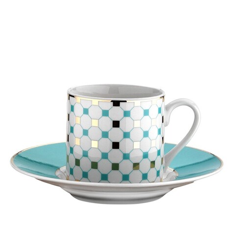 6 csésze + 6 tányér készlet, Kutahya Porselen, RU12KT430769714, 50 ml, porcelán, fehér / türkiz