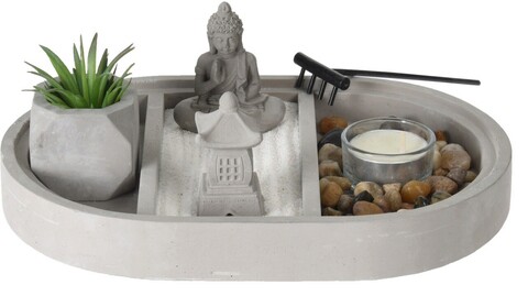 Suport pentru lumanari Buddha zen garden oval, 25x17x9 cm, ciment, gri