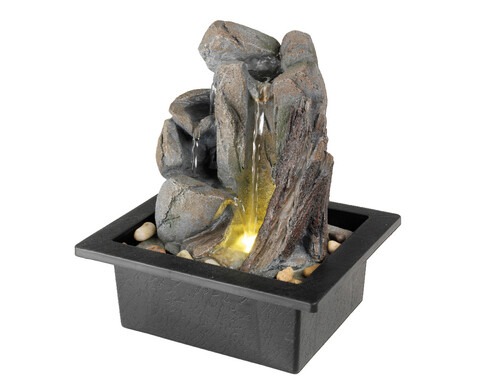 Fantana decorativa cu iluminare LED interior/exterior, Musa, Lumineo, 18.8 x 21.5 x 24 cm, IP44, polirasina, alb/gri