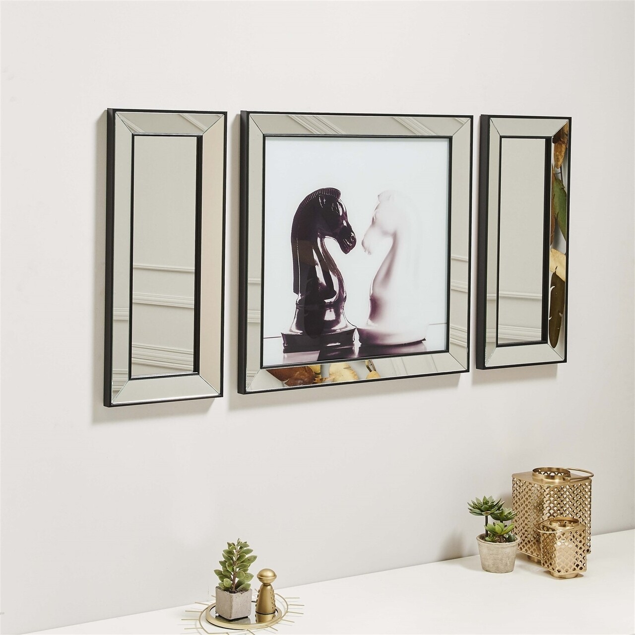 Set tablou si 2 oglinzi decorative t809, neostill, sticla temperata, 70x70 cm/30x70 cm