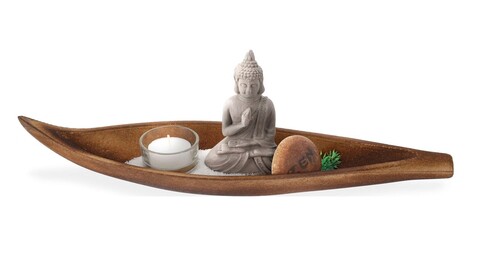 Decoratiune cu lumanare Buddha in canoe, 37x9.5x3.5 cm, lemn