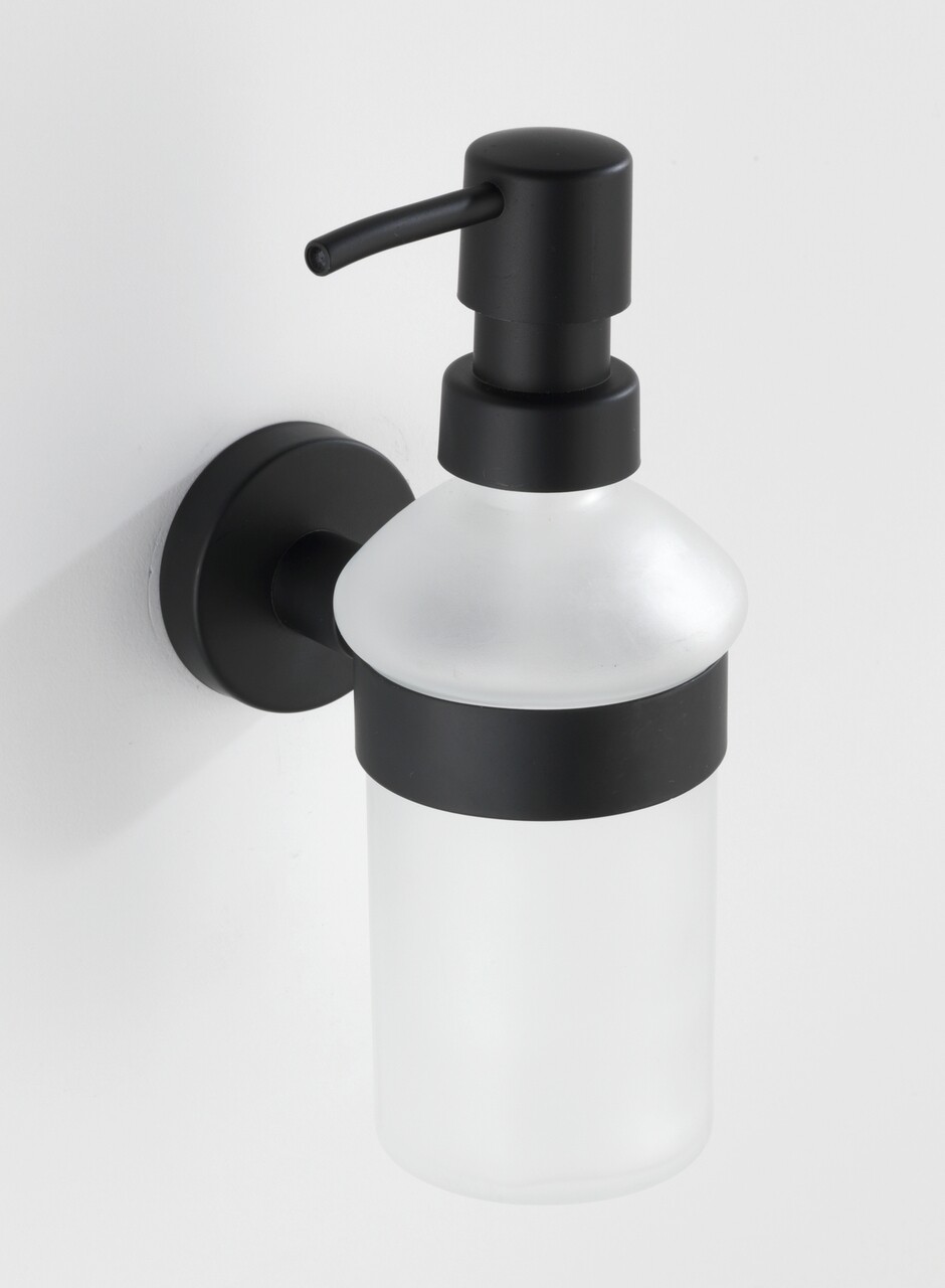 Folyékony szappanadagoló Bosio fogantyúval, Wenko Power-Loc®, 200 ml, rozsdamentes acél / üveg, fehér / fekete
