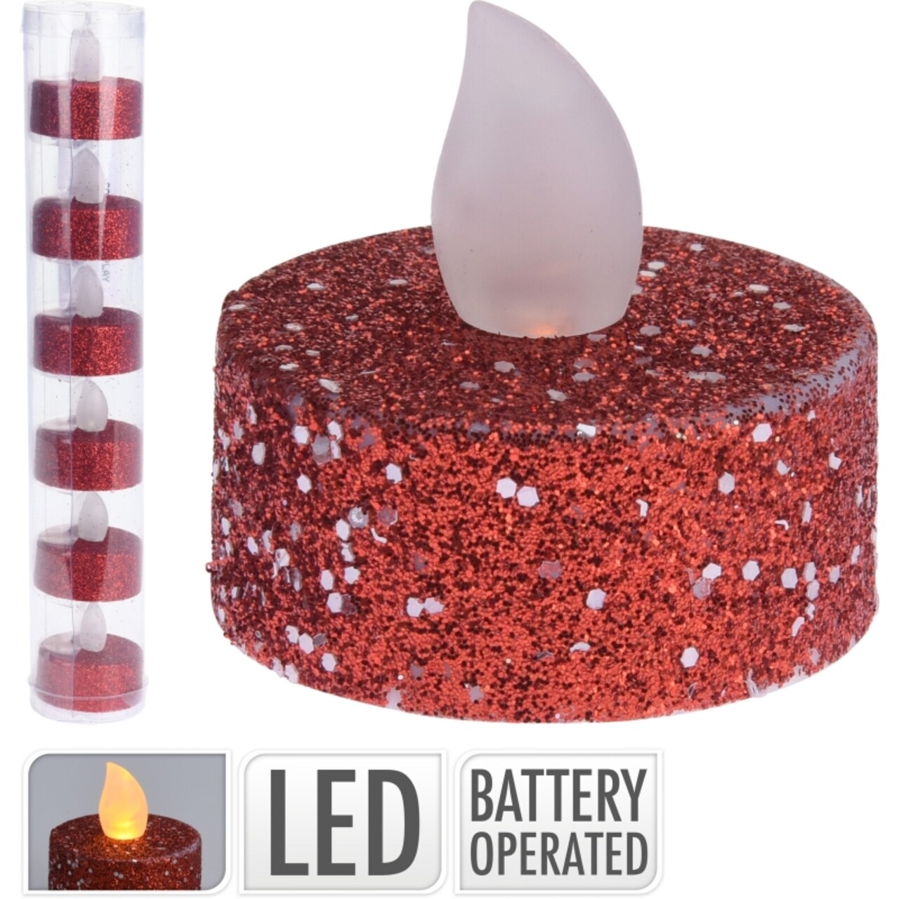 Glitter 6 Db Gyertya LED-el, 3.8x4 Cm, Piros