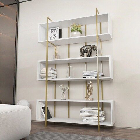 Corp biblioteca, Zena Home, Bruti, 120x180x29.6 cm, PAL, Alb/Auriu