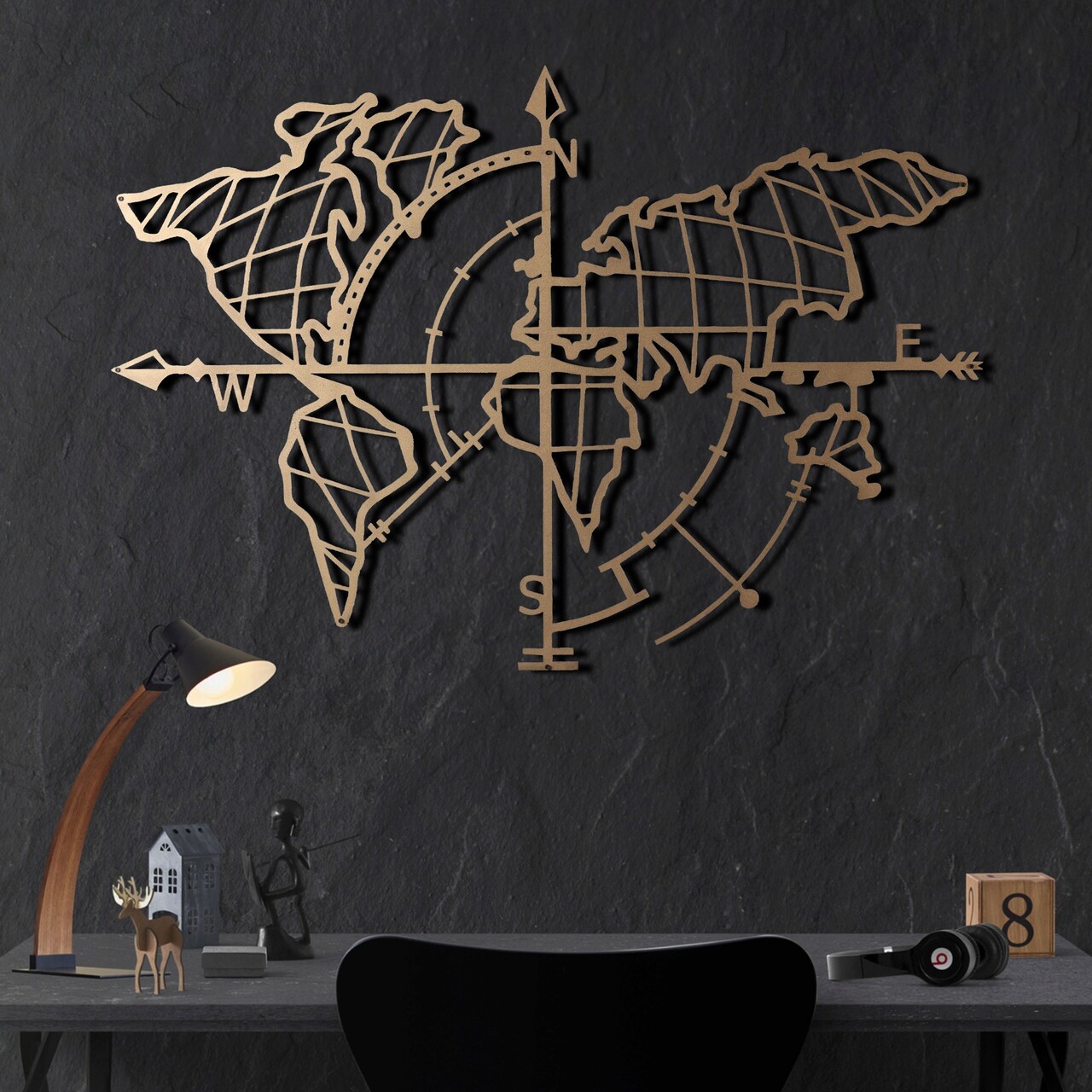 Tanelorn decoratiune de perete, world map compass gold, metal, dimensiune: 65 x 95 cm, auriu